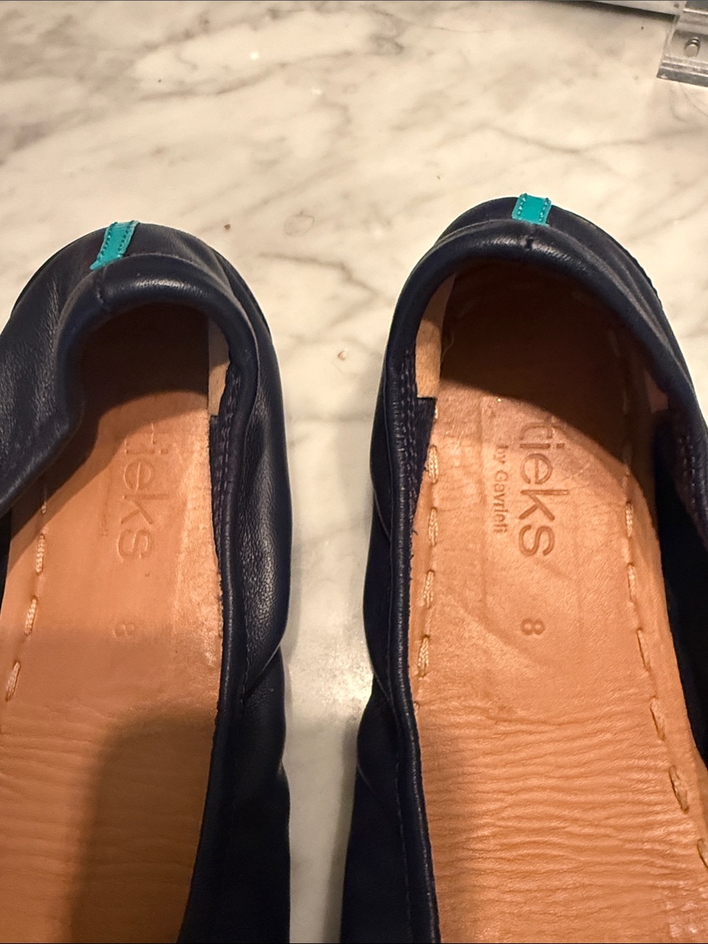 Tieks Navy Leather Ballet Flats with Teal Heel Tab Accent - Picture 3 of 3